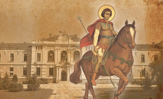 Sveti Prokopije jaše konja, ispred stare zgrade, sa krstom u ruci
